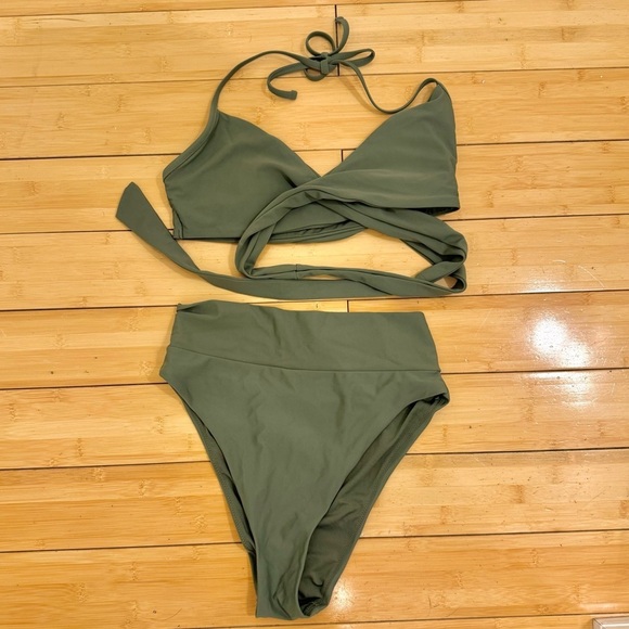 Aerie Wrap Halter Bikini Top and High Cut Cheeky Bikini in Olive Fun Medium - Picture 10 of 11